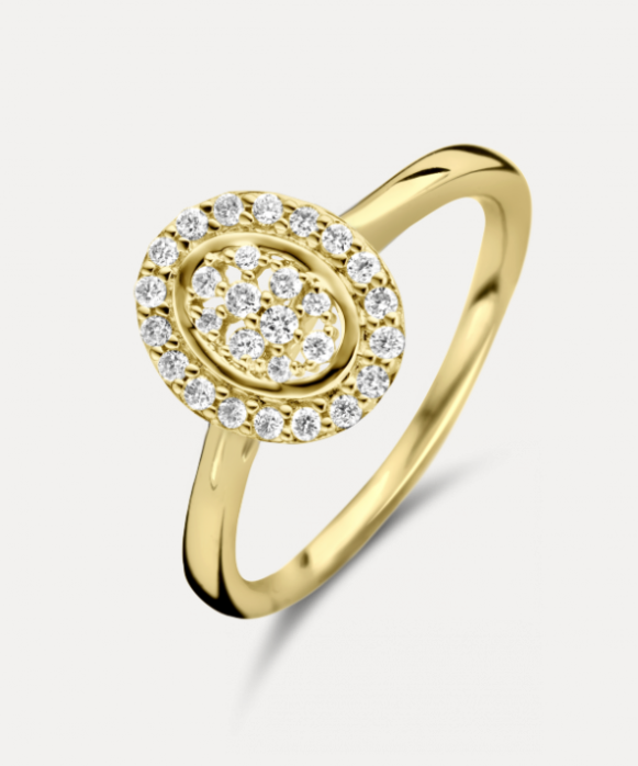 14 KARAAT GEEL GOUDEN RING MODEL ARBIA MET LABGROWN BRILJANT. Man Made GG Briljant hanger 0.21 crt H/Si mm ovaal.